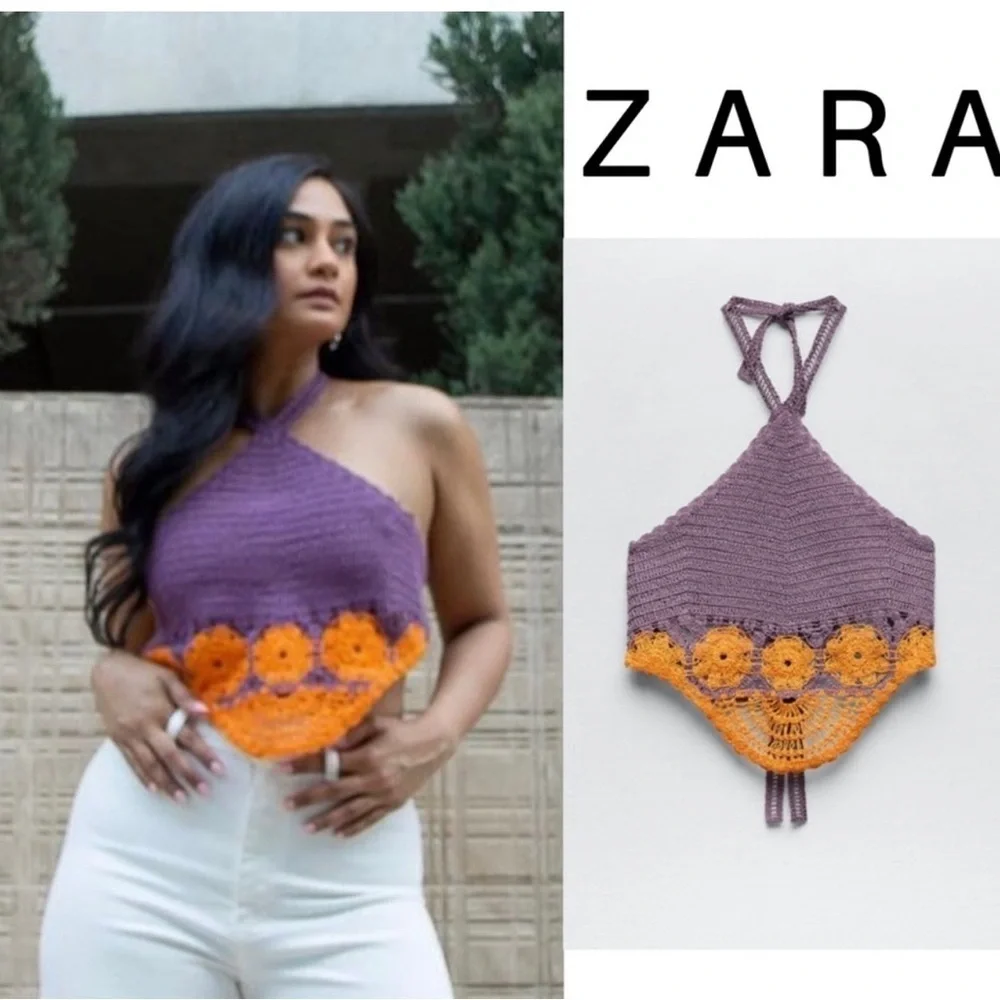 Zara purple orange crochet knit boho halter crop top NWT bohemian - Picture 3 of 13